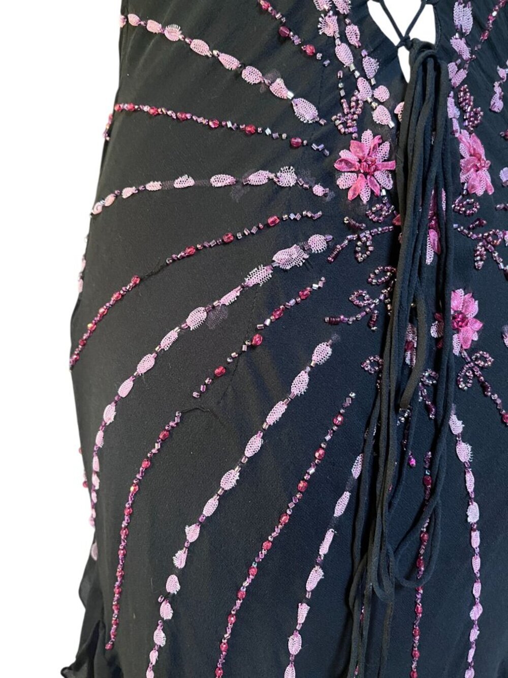 Sue Wong Silk Y2K Fairy Dress Pink Floral Beading Handkerchief Hem Lace-Up Back - Picture 8 of 11